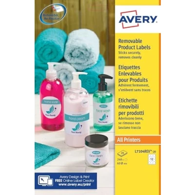 Image of Avery L7104REV 20 Printable, Customisable Removable Round Labels, 12 Labels Per A4 Sheet,60mm