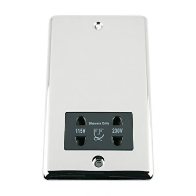 Image of Shaver Socket Polished Mirror Chrome Classic Black Insert Dual Voltage 115V/ 230V