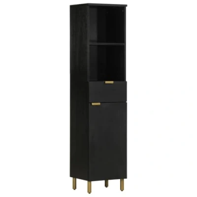 Image of vidaXL Black Mango Wood Bathroom Cabinet 1 Door, Drawer, Shelf, 38x33x160cm Storage Cupboard Unit