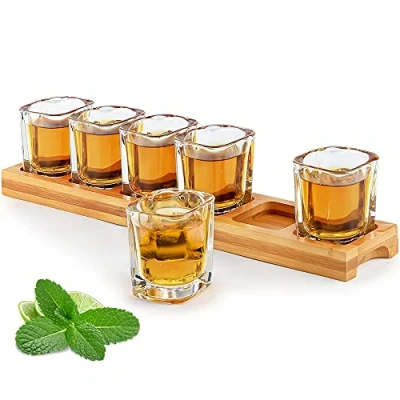 Image of Shot Glasses Set Holder and Glass Cups Bulk 60ml of 6 Cocktail Drinks Serving Board Organizer with Clear Crystal for Liquor Shots Whiskey Brandy Vodka Rum Home Party Bar