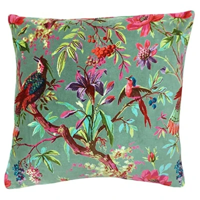 Image of Paoletti Paradise Tropical Velvet Square Feather Filled Cushion Green Cotton One Size
