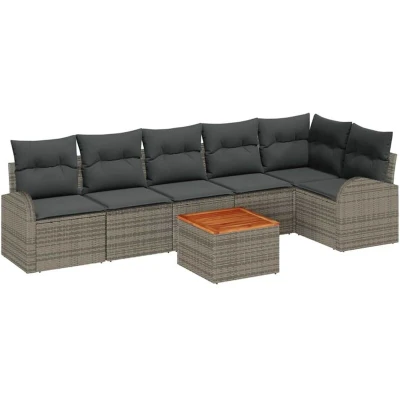 Image of vidaXL 7 Piece Garden Sofa Set with Cushions Grey Poly Rattan Acacia
