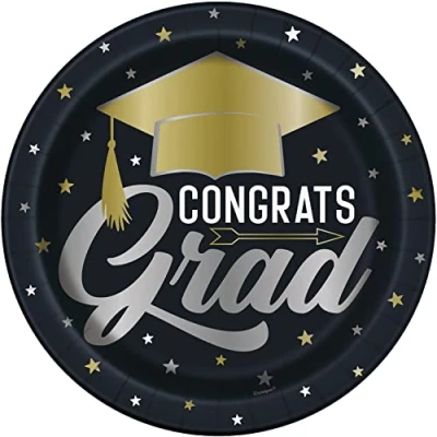 Image of Unique 24875 Paper Plates 23 cm Stars &amp; Caps Graduation Party Pack of 8, Multicolour