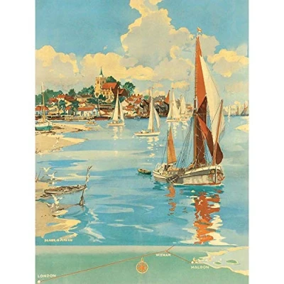 Image of Wee Blue Coo Travel England Maldon British Railways Harbour Sail Boat Art Print Poster Wall Decor 12X16 Inch