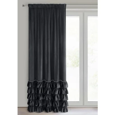 Image of Eurofirany CARLI Velvet Curtain with Ruffle, Ruffle Tape, 1 Piece, Opaque, Blackout, Exclusive for Living Room, Bedroom, 140 x 270 cm, Black
