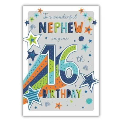 Image of Nephew 16th Birthday Card Age 16 Special Finishes Modern Stars Design Made in the UK