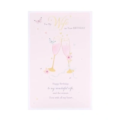 Image of UK Greetings Birthday Card for Wife Pink Champagne Design Thinking of You Range