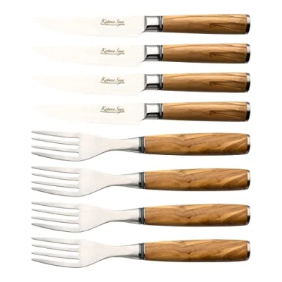 Image of Katana Saya 8 Piece Steak Knife and Fork Set, VG 10 Damascus Steel, Olive Wood Handles, KSO 80/8, Black