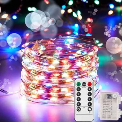 Image of Ariceleo 32.8ft 100 LED Fairy Lights 1 Pack, Waterproof, Multi Color, Battery Operated String with Remote, Timer,Twinkle, Flexible Copper Wire for Outdoor, Bedroom, Wedding, Christmas Décor