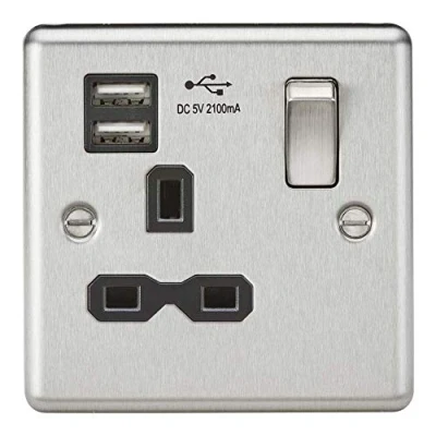 Image of Knightsbridge CL91BC 13A 1G Switched Socket Dual USB Charger Slots with Black Insert Rounded Edge Brushed Chrome