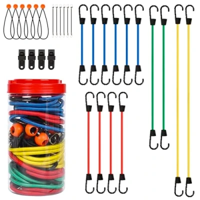 Image of Belle Vous 30 Piece Bungee Cord Assortment with Hooks 46 190cm/18 75 Inches Heavy Duty Straps Canopy Ball Ties &amp; Tarp Clips for Camping, Bike Rack, Luggage, More