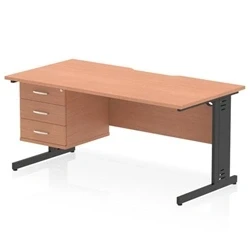 Image of Impulse 1600 x 800mm Scalloped Edge Office Desk Beech Top Black Cable Managed Leg Workstation 1 3 Drawer Fixed Pedestal