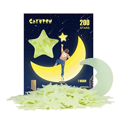 Image of Glow in The Dark Stars Stickers for Ceiling, CAYUDEN 201pcs 3D Plastic Glowing Moon and Wall Sticker Luminous Ceiling Fluorescent Room Decor Baby Nursery Bedroom