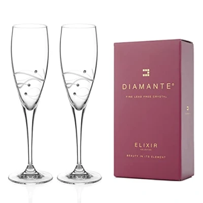 Image of DIAMANTE Swarovski Champagne Flutes Prosecco Glasses Pair &#039;Chelsea Spiral&#039; Set of 2