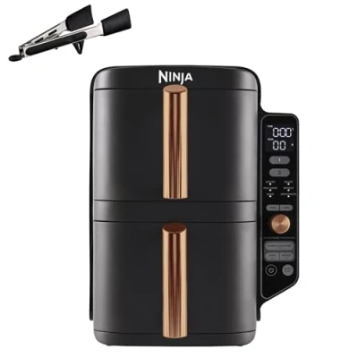 Image of Ninja Double Stack XL Air Fryer, Vertical Dual Drawer Fryer with 4 cooking levels, 2 Drawers &amp; Racks, Space Saving Design, 9.5L Capacity, 6 Functions, 8 Portions, Tongs, Black/Copper SL400UKCP