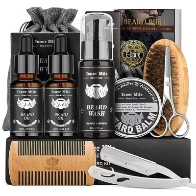 Image of ISNER MILE Beard Grooming Kit for Men, Fathers Gifts Dad Men Him Husband Boyfriend, with Shampoo Wash, Oil, Balm, Trimming Set Include Brush, Comb, Scissors