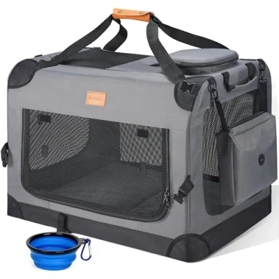 Image of Morpilot Large Dog &amp; Cat Carrier Soft Sided Pet Travel Crate, Foldable Car Crate for Max 18kg, with Collapsible Bowl, Shoulder Strap Storage Pockets, Grey