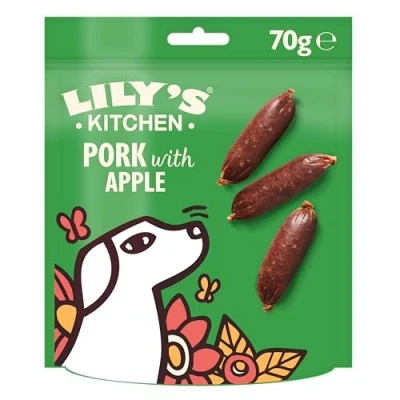 Image of Lily’s Kitchen Made with Natural Ingredients Adult Dog Treats Packet Cracking Pork Apple Sausages Grain Free Recipes 8 x 70g
