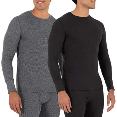 Image of Fruit of the Loom Men&#039;s Recycled Waffle Thermal Underwear Crew Top (1 and 2 Packs) Pajama, Black/Greystone, S