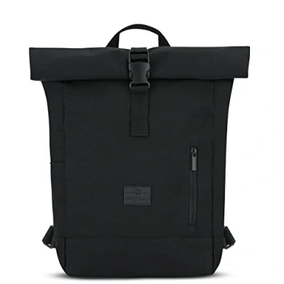 Image of Johnny Urban Backpack Womens &amp; Mens Black Robin Small Roll Top Rucksack with 12&quot; Laptop Compartment Back Casual Daypack Bag for Uni Office Work Water repellant