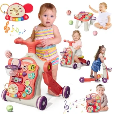 Image of HYES Baby Walker for Girls 5 in 1, Activity Center Learning to Walk, Sit Stand, Early Push Toys Infant, Walkers with Music Toddlers, Red