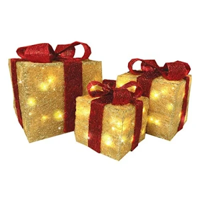 Image of NIGMA Set of 3 LED Battery Powered Light Up Glitter Sparkle Xmas Parcels Present Boxes (Gold Box + Red Bow)