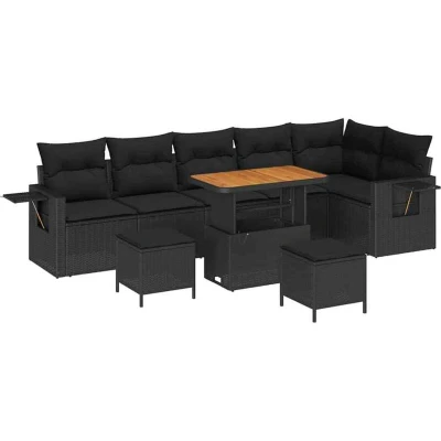 Image of vidaXL 9 Piece Garden Sofa Set with Cushions Black Poly Rattan Acacia