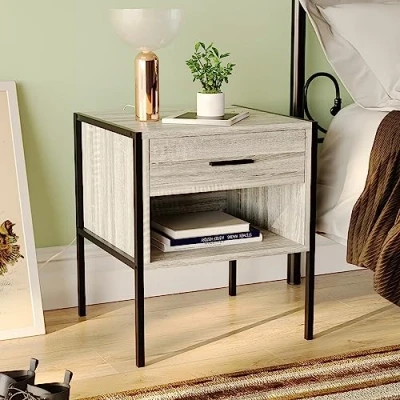 Image of Vida Designs Brooklyn Bedside Cabinet Nightstand Side Table Industrial Bedroom Furniture Storage (Grey, 1 Drawer)