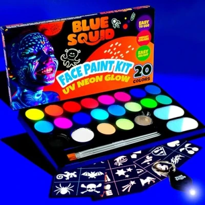 Image of Blue Squid Face Painting Kit for Kids UV Neon Glow Colors Ultimate Paint Kit, Stencils, Book Safe Sensitive Skin, Non Toxic Professional Party, in the Dark