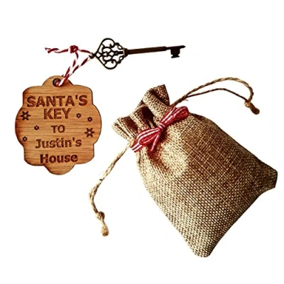 Image of Hoolaroo Personalised Santa&#039;s Magic Key with Wooden Engraved Tag, Vintage Style