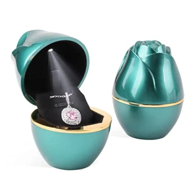 Image of Rolin Roly Pendant Box with LED Light Green Rose Shape Velvet Storage Jewelry Boxes Display Necklace Gift Case for Organizer Engagement Anniversaries Weddings
