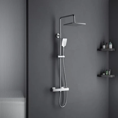 Image of MORADO Thermostatic Shower Set,Adjustable Height System, Bar Set with Rainfall Head and 3 Functions Hand Shower,Chrome Plated, Square Shape