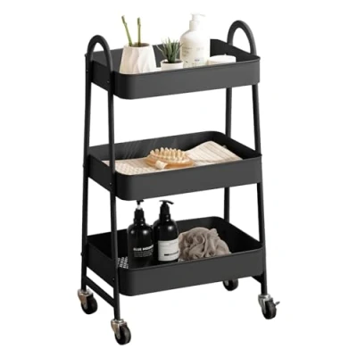 Image of URBNLIVING 3 Tier Shelf Metal Slim Storage Trolley Cart with Castor Wheels Bathroom Organiser