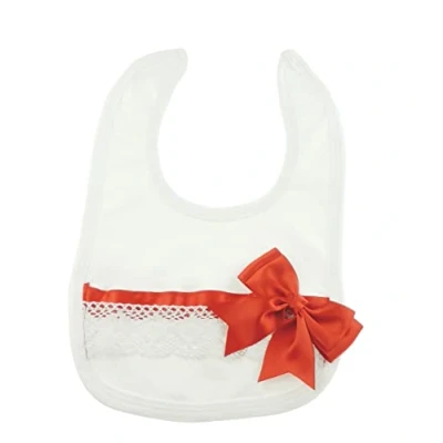 Image of Cute Baby Girls Boys Babies Infant Childrens Kids Christening Day Baptism Special Occasion Christmas Party Feeding Dribble Bib Broderie Cotton Lace Ribbon Bow Newborn 6 Months White Red Satin