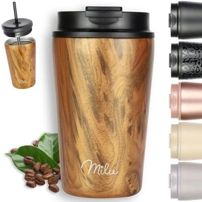 Image of Milu Thermo Mug 400ml 100% Leak Proof Stainless Steel Coffee to go Insulated with Straw Keeps hot for 10h / Cold 20h, BPA Free (Wood, 400ml)