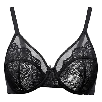 Image of MELENECA Women&#039;s Full Coverage Unlined Plus Size Minimizer Underwire Lace Bra Black 34E