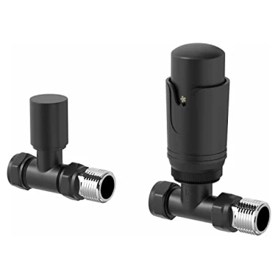 Image of DuraTherm® Thermostatic Radiator Valve Pack Set, 15mm Lockshield TRV &amp; Thermostat, Matte Black Valves for Radiators, Straight