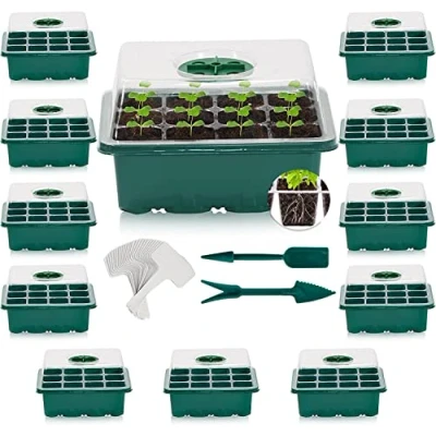 Image of KAHEIGN 12Pcs Seed Starter Trays, 144 Cells Propagator Trays Heavy Duty Plastic Plant Growing Kit with Adjustable Vents Dome and Base, 20Pcs Labels, 2Pcs Seeding Tools