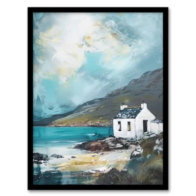 Image of Artery8 White Scottish Cottage Loch Hills Oil Painting Living Room Artwork Framed Wall Art Print 18X24 Inch