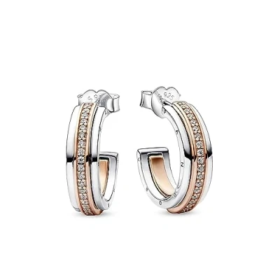 Image of Pandora Signature logo sterling silver and 14k rose gold plated hoop earrings with clear cubic zirconia