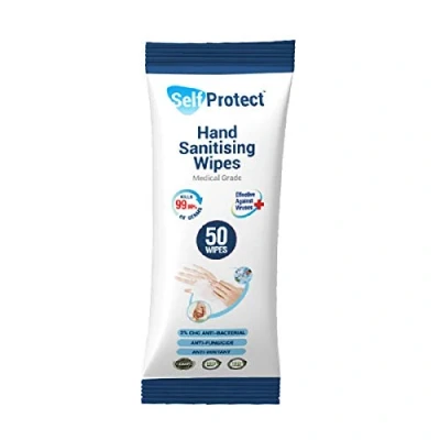 Image of Hand Sanitising Wipes 2% CHG, Rinse Free Solution, Kills Bacteria, Dermatologically Tested Pack of 50 (Pack 1 (50 Wipes))