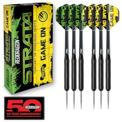 Image of Red Dragon Strata Game On Darts Set 20 Gram Black Steel Tip with flights and shafts (stems)