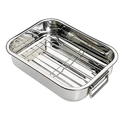 Image of New 32cm Professional Stainless Steel Roasting Tray with Removable Rack Pan Oval Kitchen Cooking Baking Sturdy Handles Built to Last for Years Oven Grill