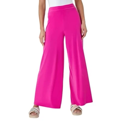 Image of Roman Originals Wide Leg Trousers for Women UK Ladies Palazzo Pants Evening Jersey Elasticated High Waist Smart Flared Culotte Office Work Going Out Loose Crepe Bottoms Pink Size 14