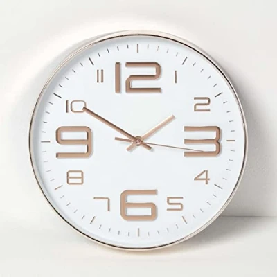 Image of HOMESCAPES White &amp; Rose Gold Wall Clock 30 cm Wide Modern Style Kitchen or Office