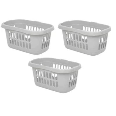 Image of Laundry Basket Large Strong Plastic Washing Clothes Storage Hamper Oval Hipster with Integral handles Silver/Soft Grey Pack of 3