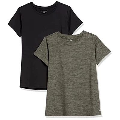Image of Amazon Essentials Women&#039;s Tech Stretch Short Sleeved Crew Neck T Shirt (Available in Plus Size), Pack of 2, Black/Olive Space Dye, S