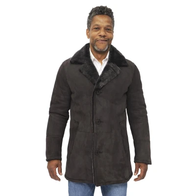 Image of Men&#039;s Brown Sheepskin Real Shearling Classic Suede Leather Pea Coat L
