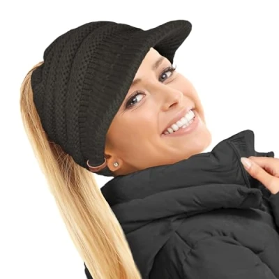 Image of TOSKATOK Ladies Slouchy Peaked Ponytail Messy Bun Knitted Beanie Hat Cap Black