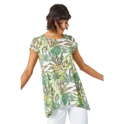 Image of Roman Originals Textured Fan Print Stretch Hanky Hem Top for Women UK Ladies Everyday Holiday Spring Summer Round Neckline Comfy Soft Evening Vacation Work Party Lime Natural Size 20